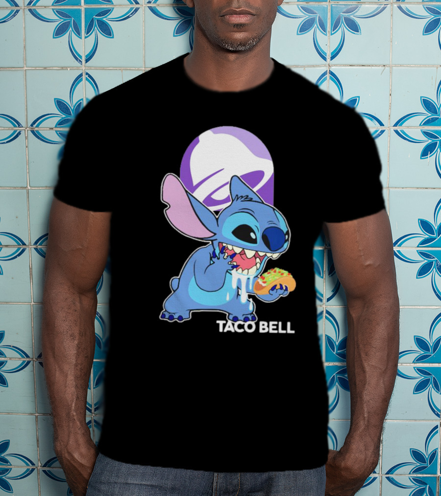 Stitch Eating Taco Bell Tacos With Logo Background T-Shirt
