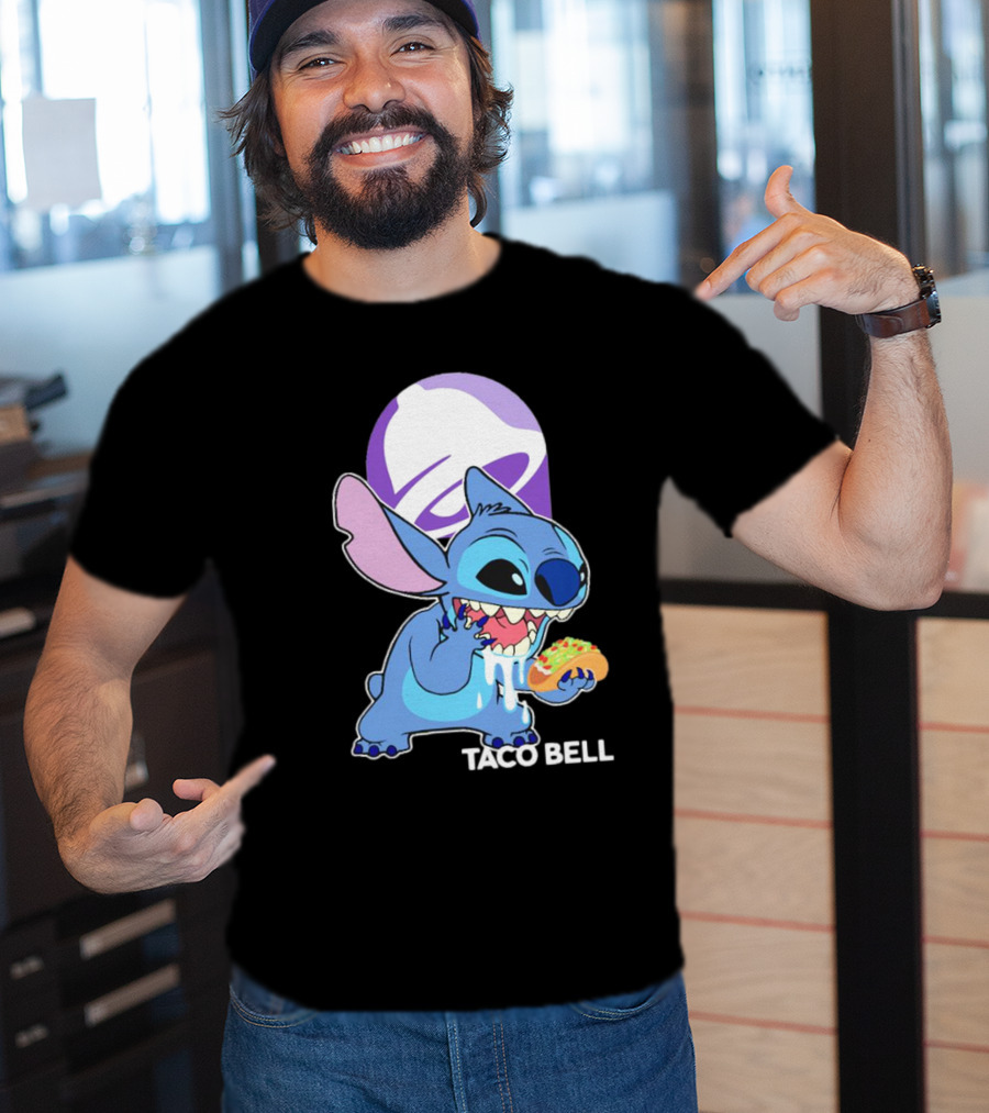 Stitch Eating Taco Bell Tacos With Logo Background T-Shirt