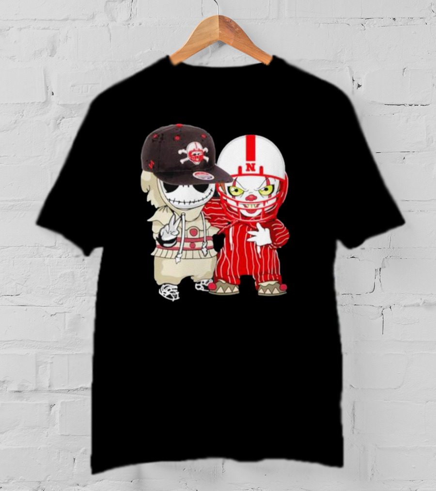 Baby Jack Skellington And Pennywise Nebraska Cornhuskers Halloween Characters T-Shirt