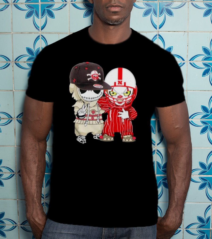 Baby Jack Skellington And Pennywise Nebraska Cornhuskers Halloween Characters T-Shirt