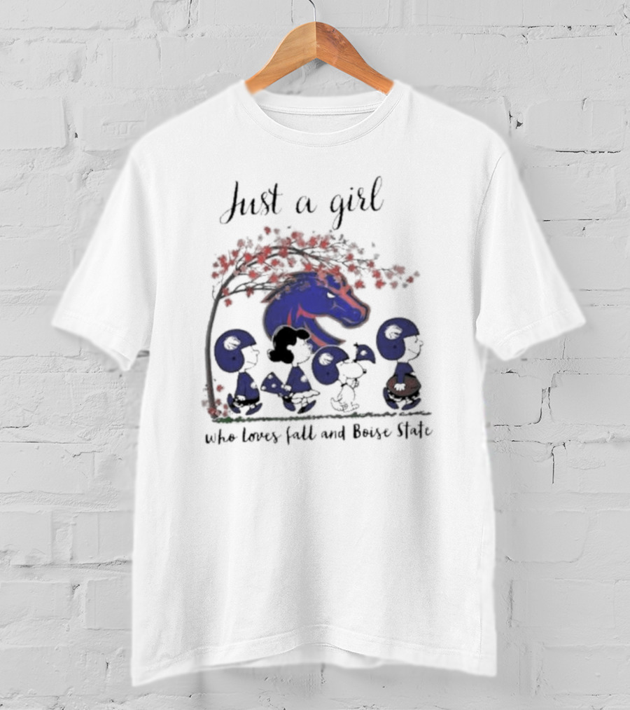 Just A Girl Who Loves Fall And Boise State Broncos Peanuts Snoopy Charlie Brown T-Shirt