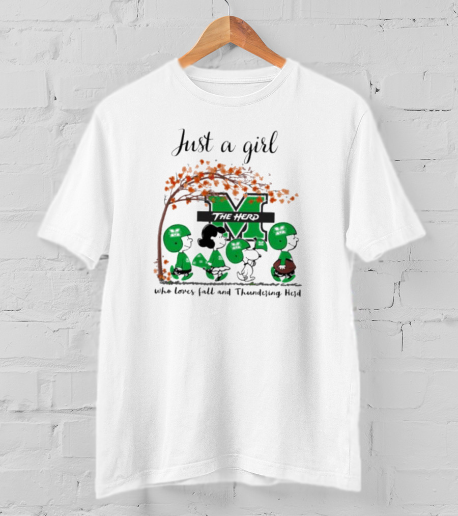 Just A Girl Who Loves Fall And Marshall Thundering Herd Peanuts Charlie Brown Lucy Autumn Leaves T-Shirt