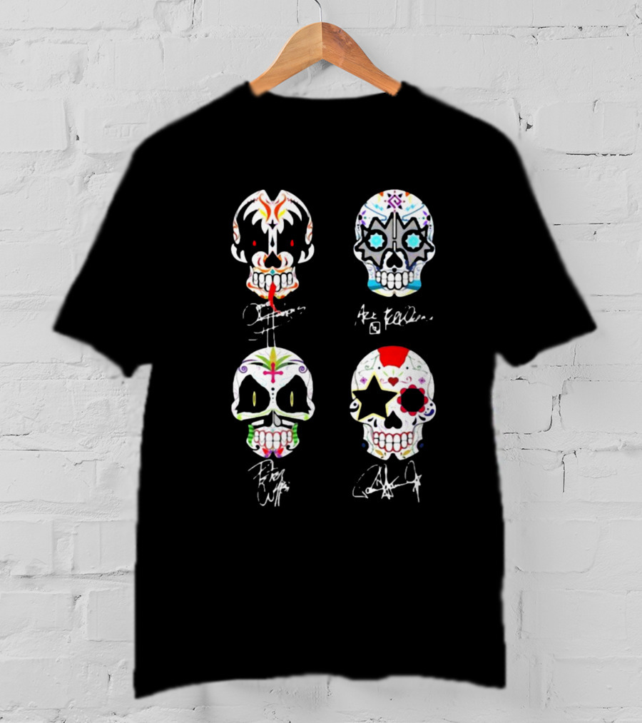 Kiss Band 4 Skull Faces Simmons Stanley Frehley Criss Signature T-Shirt