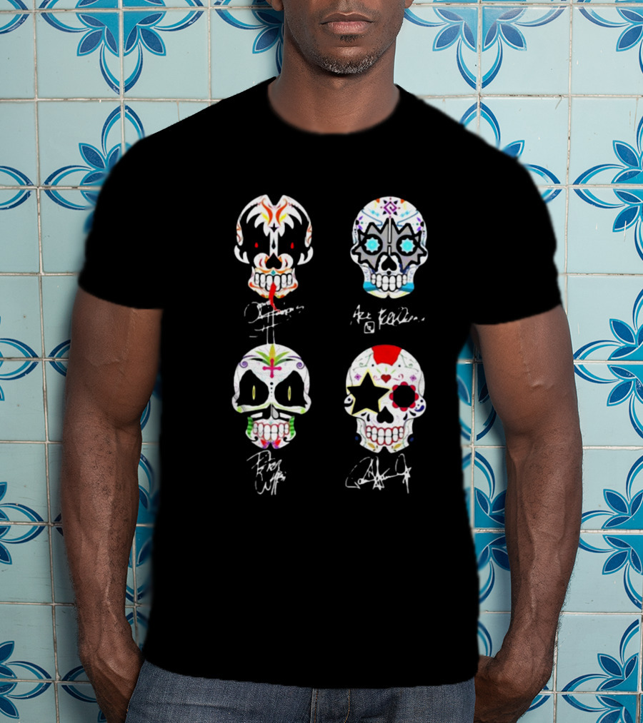 Kiss Band 4 Skull Faces Simmons Stanley Frehley Criss Signature T-Shirt