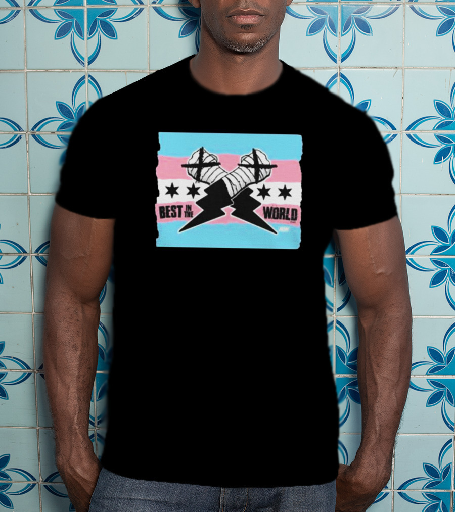 Shopaew Cm Punk Best In The World Trans Pride Flag With Fists And Stars T-Shirt