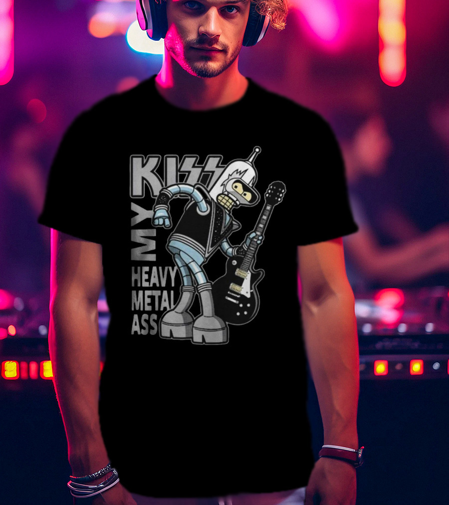 Kiss My Heavy Metal Ass Bender Robot With Guitar T-Shirt
