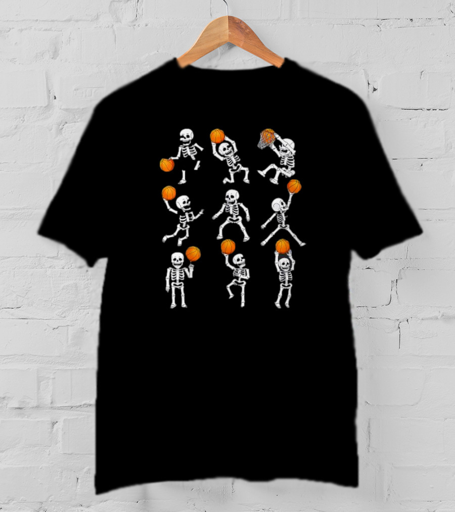 Halloween Skeletons Dunking Dribble Basketball Players T-Shirt