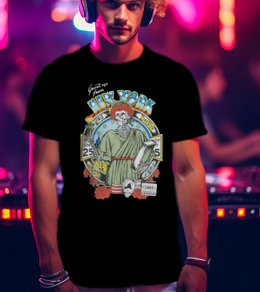Greetings From New York Grateful Dead 1985 Skeleton Liberty Stamp United States T-Shirt