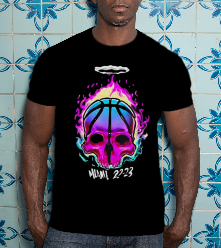 Kiwiclo Miami 22-23 Flaming Skull Basketball Halo T-Shirt