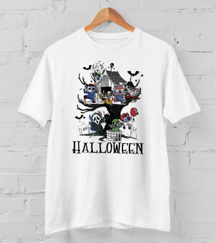 Halloween Stitch Horror Movie Characters Treehouse Scene T-Shirt