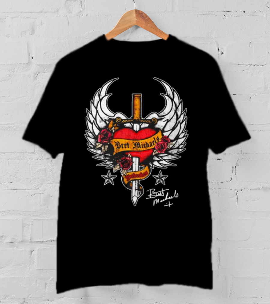 Bret Michaels Heart And Sword Winged Emblem With Roses And Stars T-Shirt