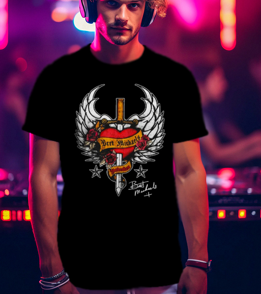 Bret Michaels Heart And Sword Winged Emblem With Roses And Stars T-Shirt