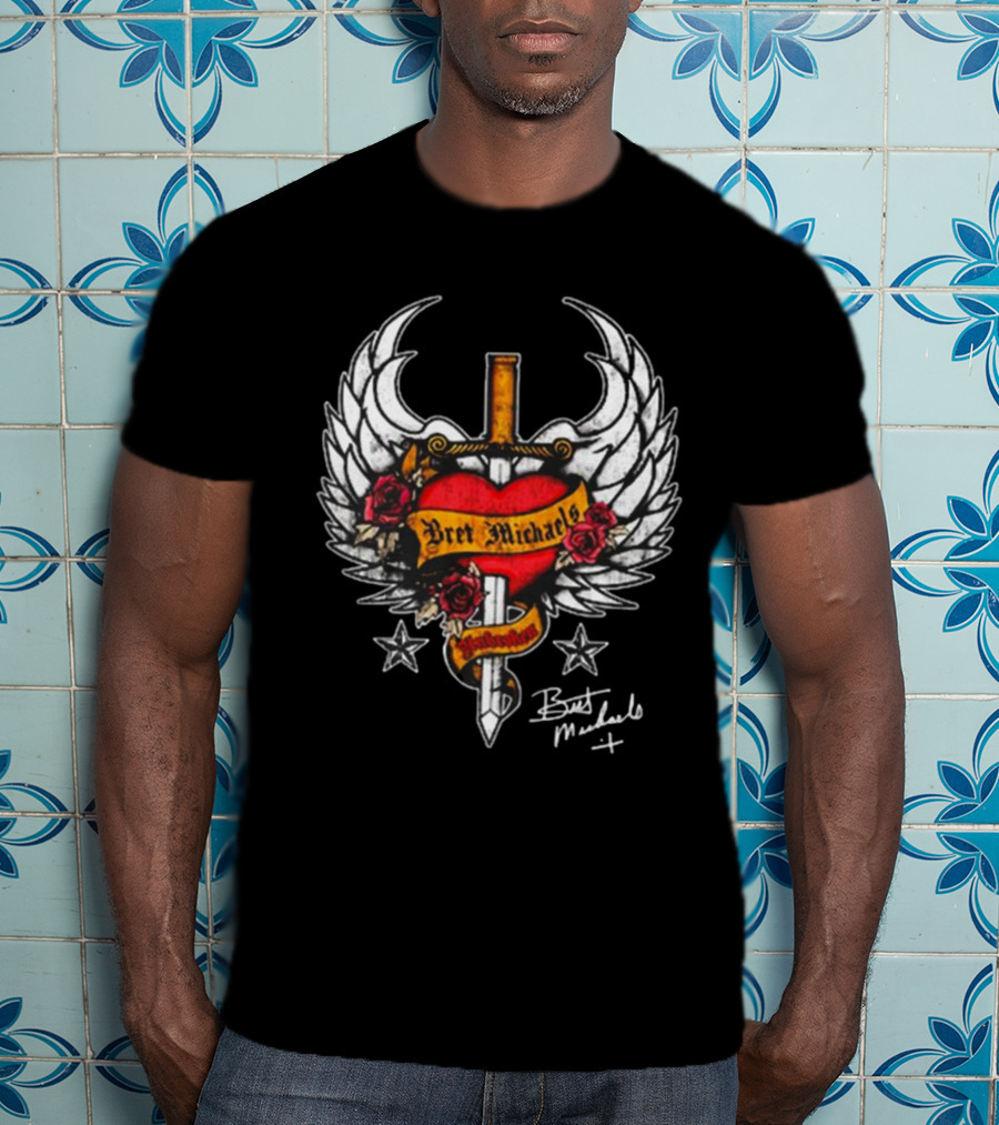 Bret Michaels Heart And Sword Winged Emblem With Roses And Stars T-Shirt
