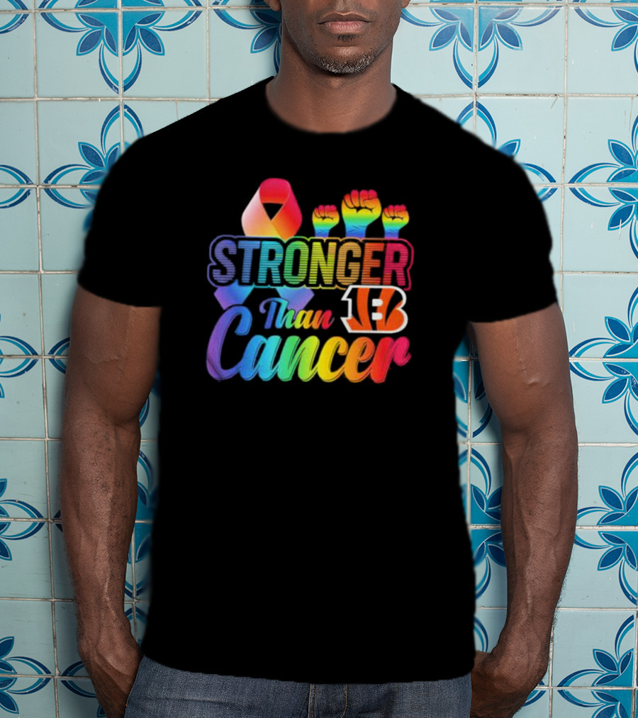 Stronger Than Cancer Cincinnati Bengals NFL Rainbow Ribbon And Fists T-Shirt