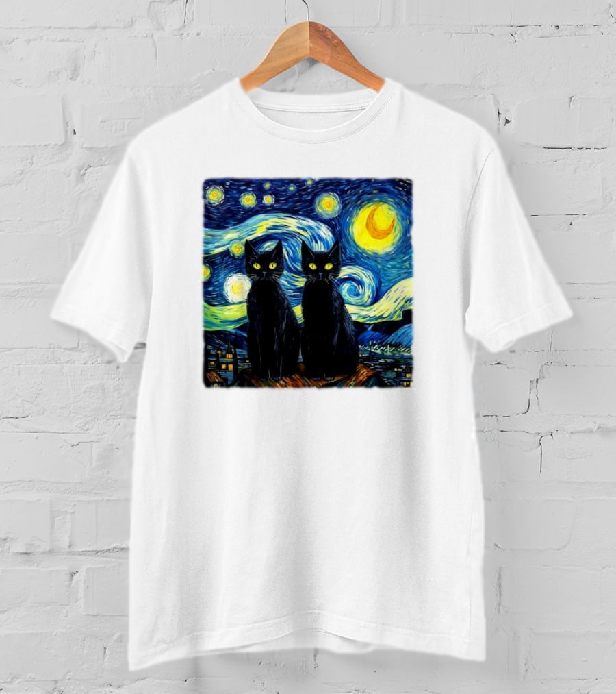 Black Cats Starry Night Vincent Van Gogh Painting Fusion T-Shirt
