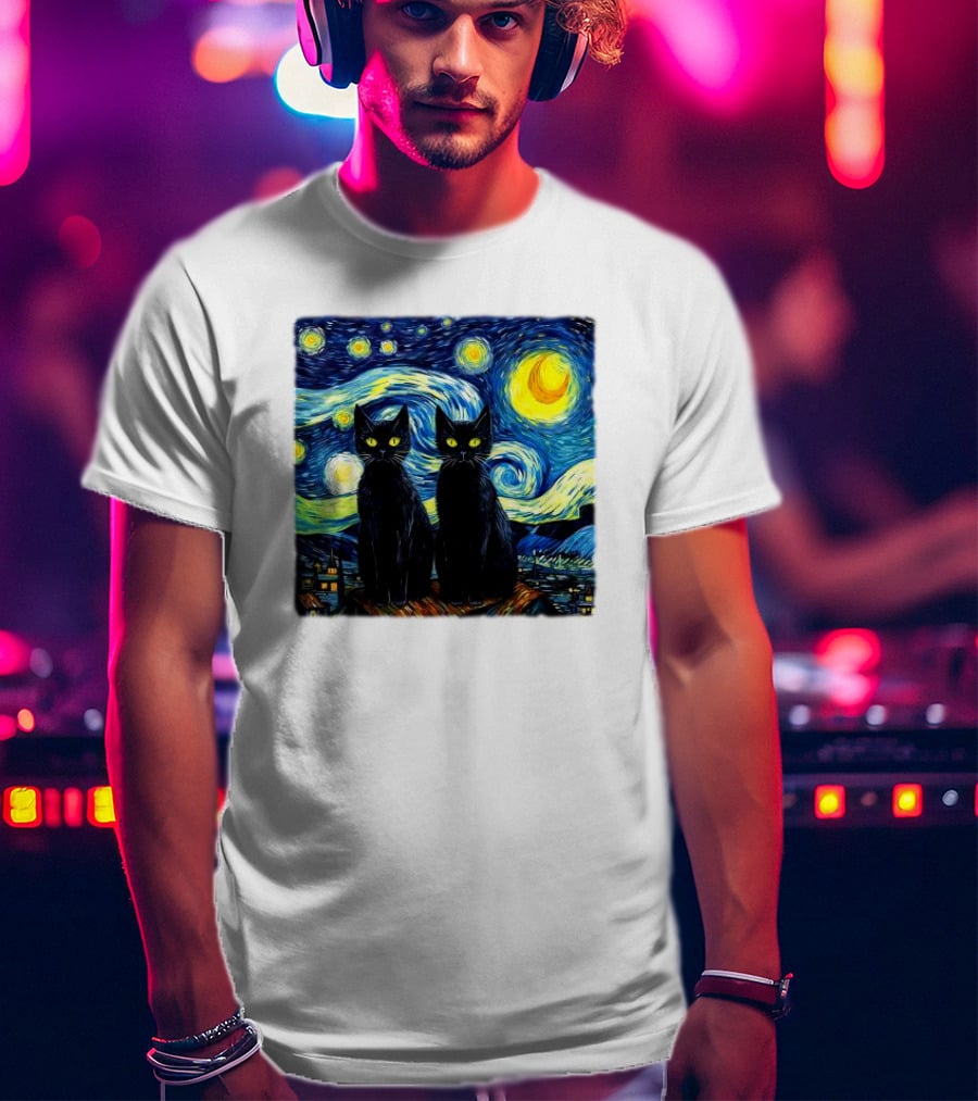 Black Cats Starry Night Vincent Van Gogh Painting Fusion T-Shirt
