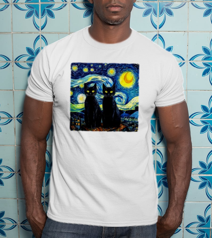 Black Cats Starry Night Vincent Van Gogh Painting Fusion T-Shirt