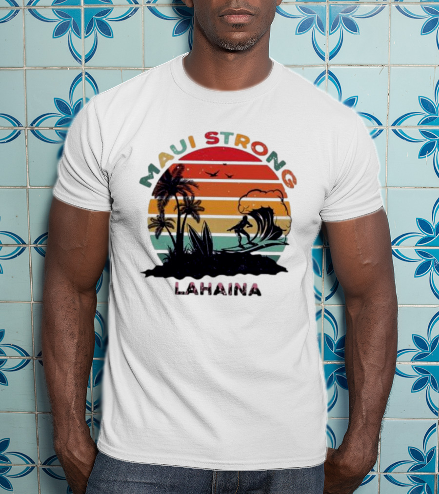 Maui Strong Lahaina Surfing Retro Palm Trees T-Shirt