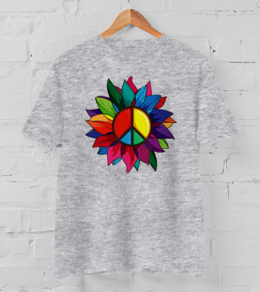 Hippie Rainbow Peace Sign Colorful Flower T-Shirt