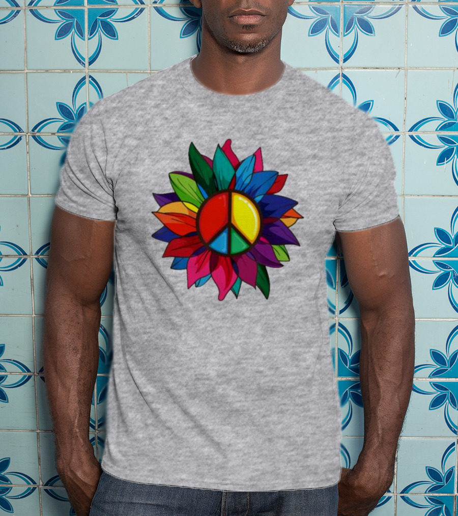 Hippie Rainbow Peace Sign Colorful Flower T-Shirt