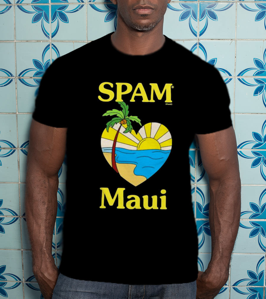 SPAM Brand Maui Heart Beach Sunset And Palm Tree T-Shirt