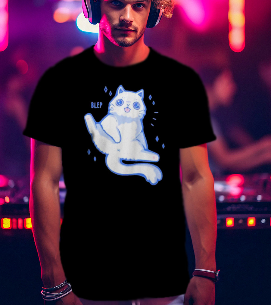 Xmorfina Blep Cute Cat With Tongue Out In Blue And White Cartoon T-Shirt