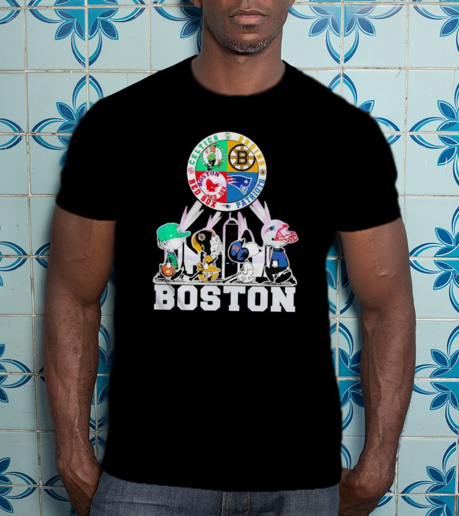 Boston Celtics Bruins Red Sox Patriots Peanuts Characters T-Shirt