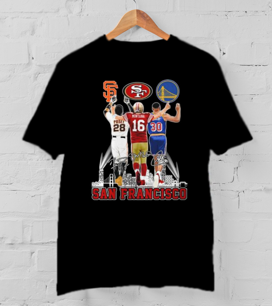 San Francisco Giants 49ers Warriors Buster Posey Joe Montana Stephen Curry Signatures T-Shirt