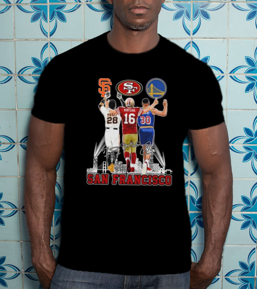 San Francisco Giants 49ers Warriors Buster Posey Joe Montana Stephen Curry Signatures T-Shirt