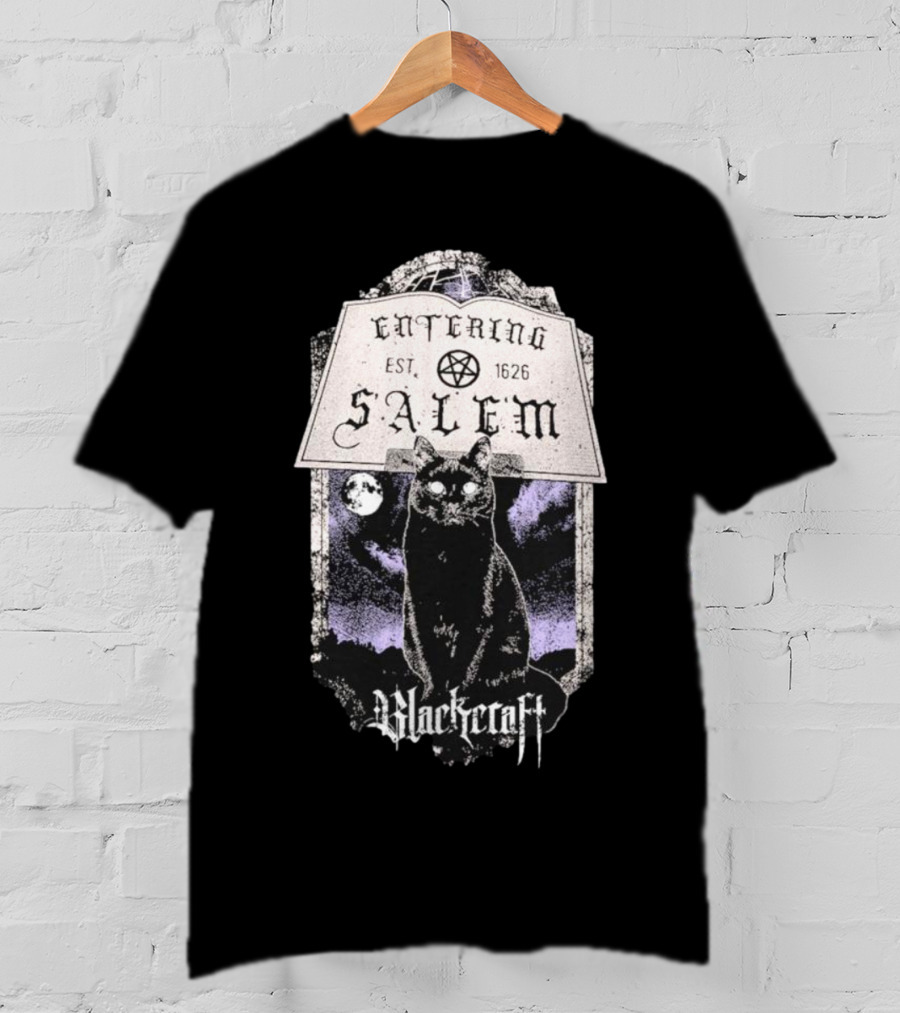 Blackcraft Cult Entering Salem Est. 1626 Black Cat And Crescent Moon Scene T-Shirt
