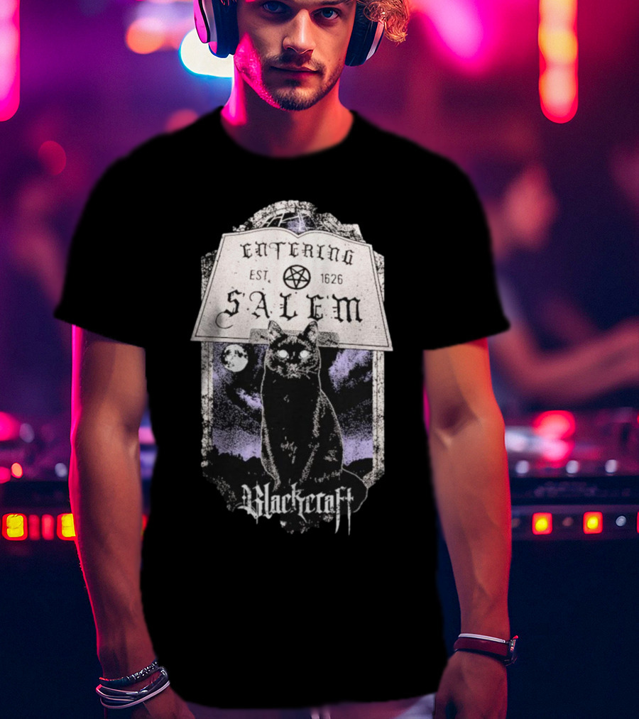 Blackcraft Cult Entering Salem Est. 1626 Black Cat And Crescent Moon Scene T-Shirt