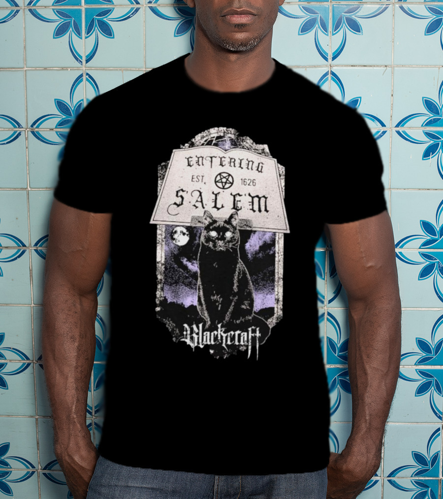 Blackcraft Cult Entering Salem Est. 1626 Black Cat And Crescent Moon Scene T-Shirt