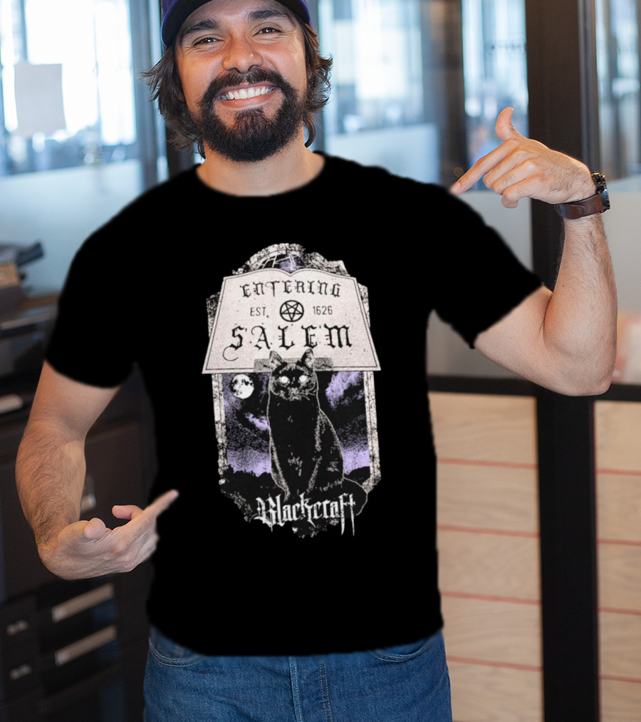 Blackcraft Cult Entering Salem Est. 1626 Black Cat And Crescent Moon Scene T-Shirt