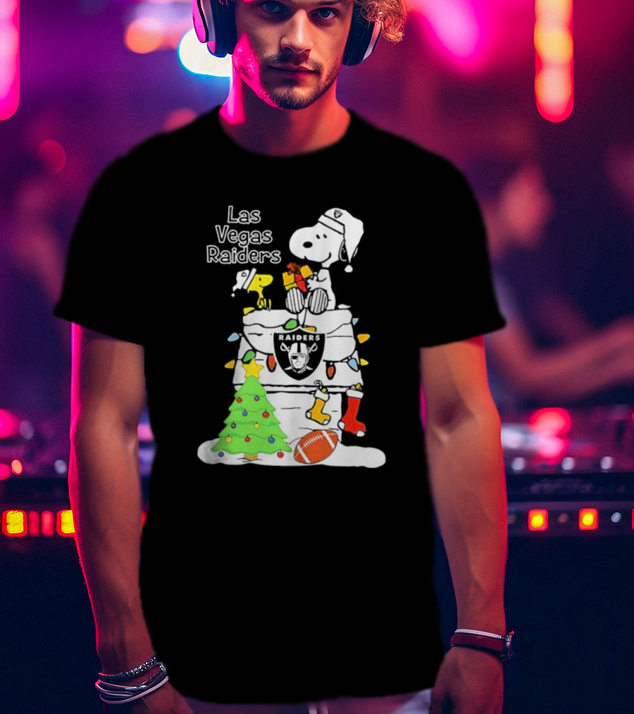 Las Vegas Raiders NFL Christmas Snoopy And Woodstock With Tree And Football T-Shirt