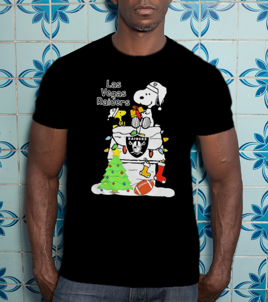 Las Vegas Raiders NFL Christmas Snoopy And Woodstock With Tree And Football T-Shirt