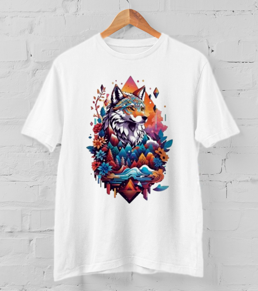 Colorful Geometric Wolf With Mountains And Flowers T-Shirt
