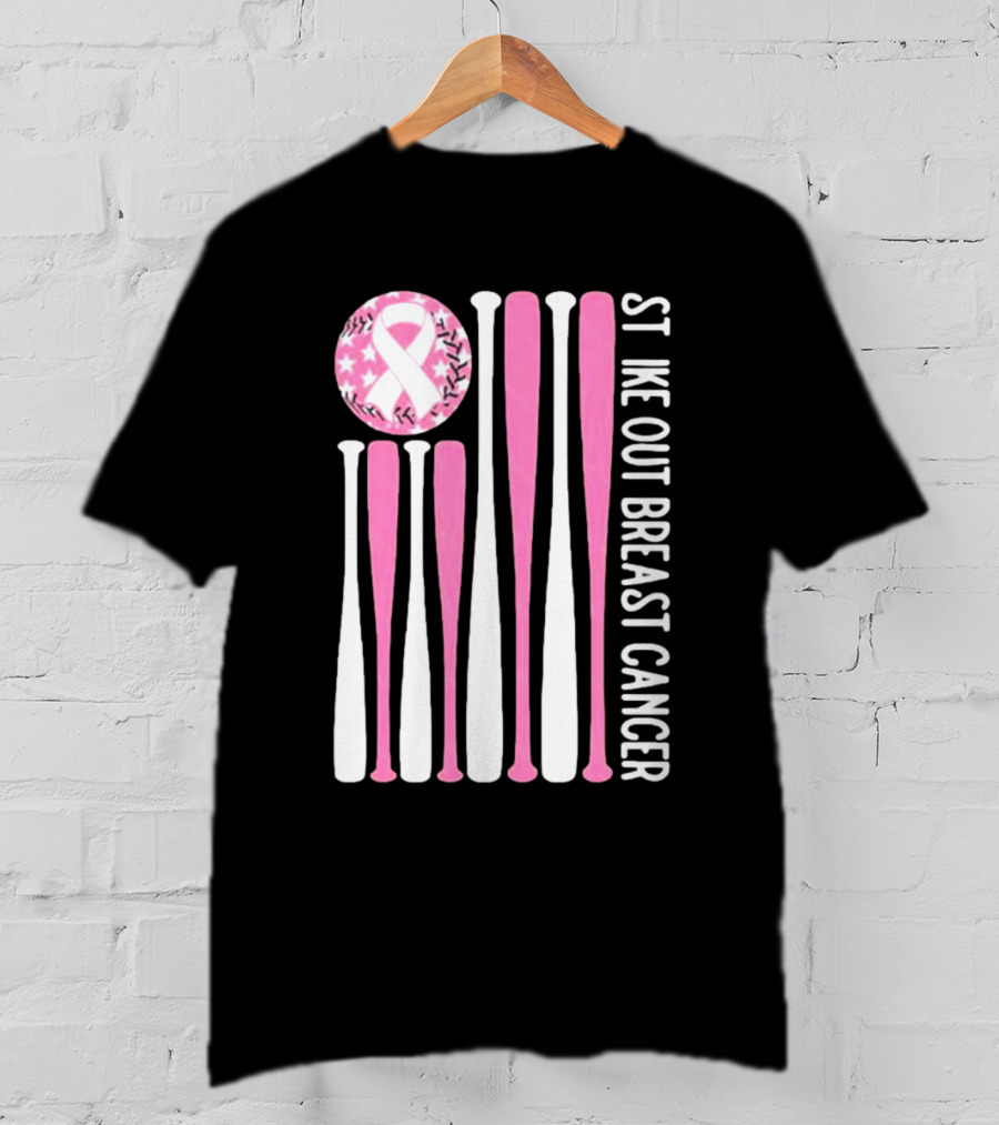 Strike Out Breast Cancer Baseball Pink Ribbon American Flag T-Shirt