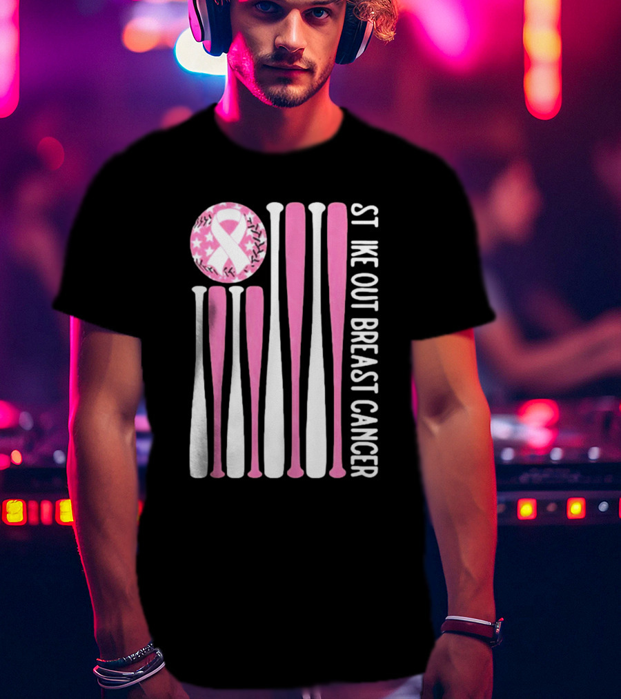 Strike Out Breast Cancer Baseball Pink Ribbon American Flag T-Shirt