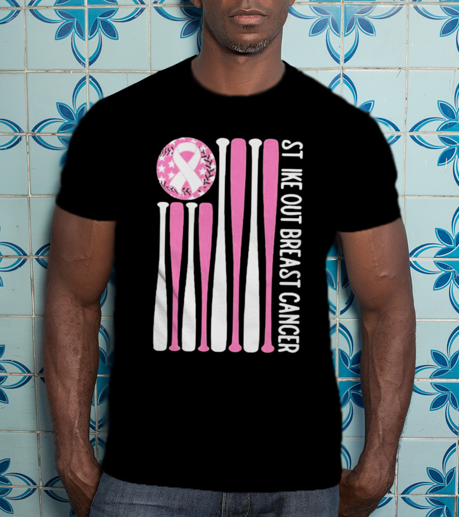 Strike Out Breast Cancer Baseball Pink Ribbon American Flag T-Shirt