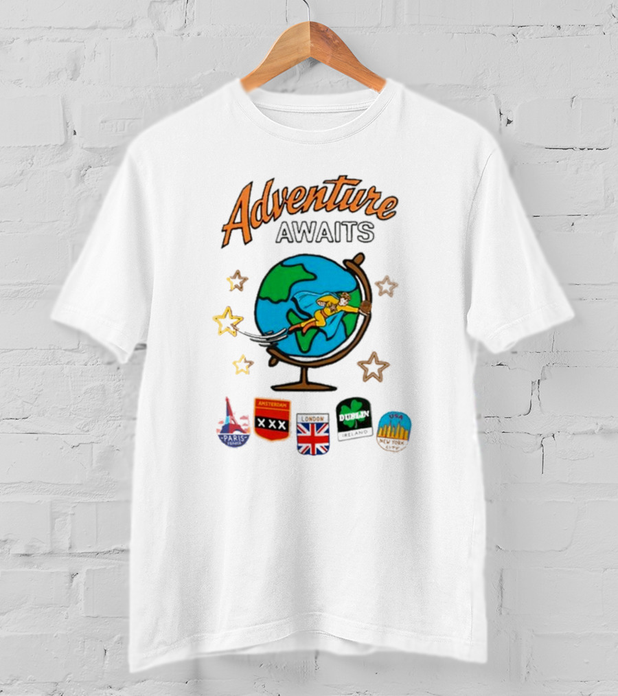 Adventure Awaits One Cent Travel Club Globe Paris Amsterdam London USA Icons T-Shirt