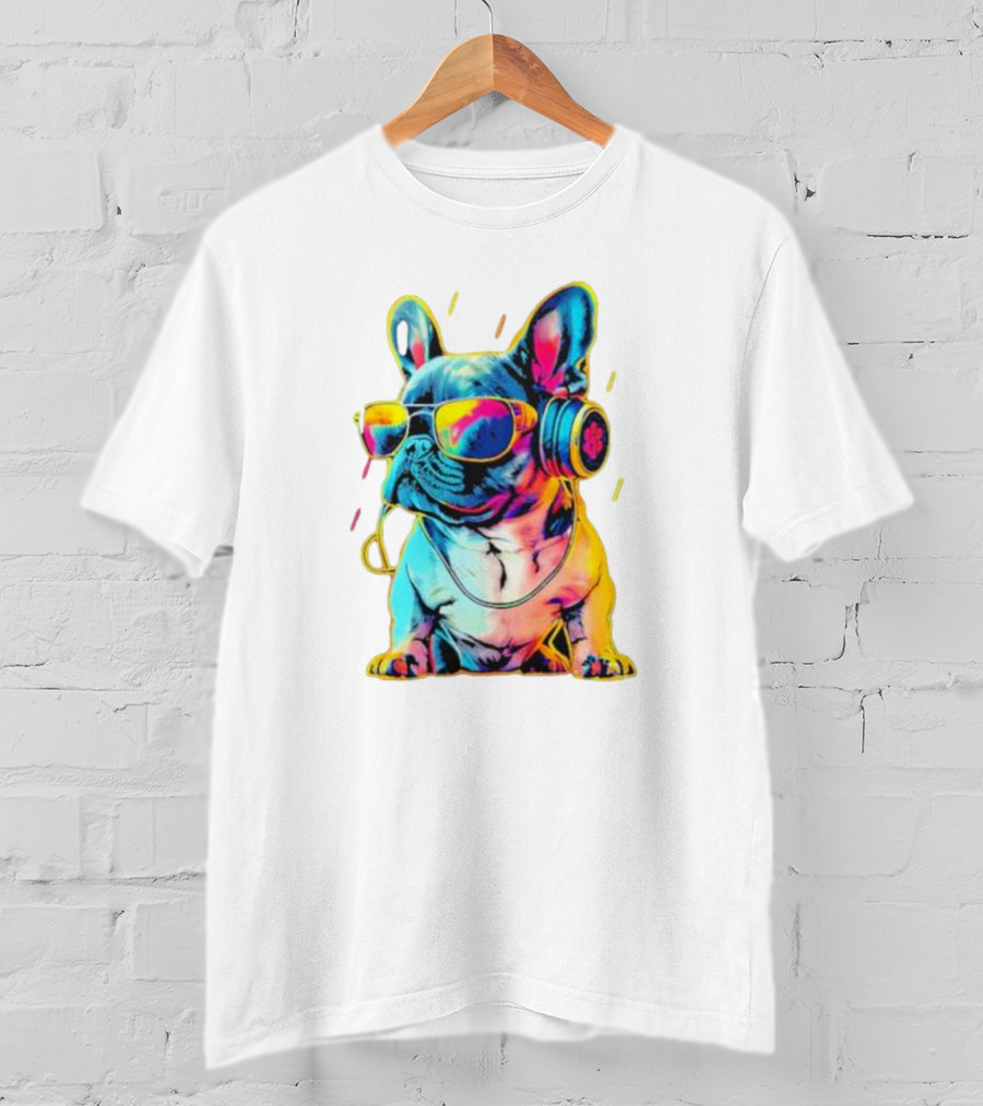 Bulldog Neon Headphones Vibrant Colors T-Shirt