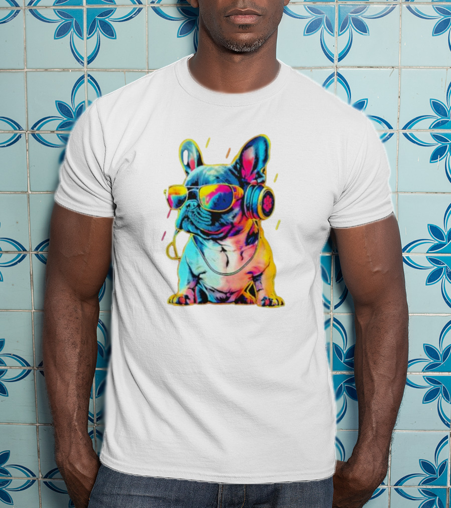 Bulldog Neon Headphones Vibrant Colors T-Shirt
