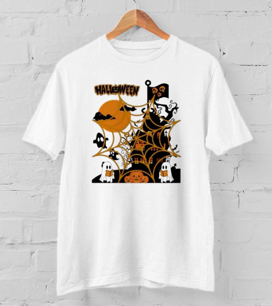 Halloween Spider Web Castle Moon Ghosts Pumpkins T-Shirt