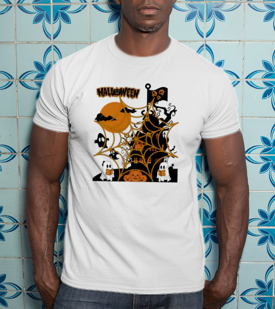 Halloween Spider Web Castle Moon Ghosts Pumpkins T-Shirt