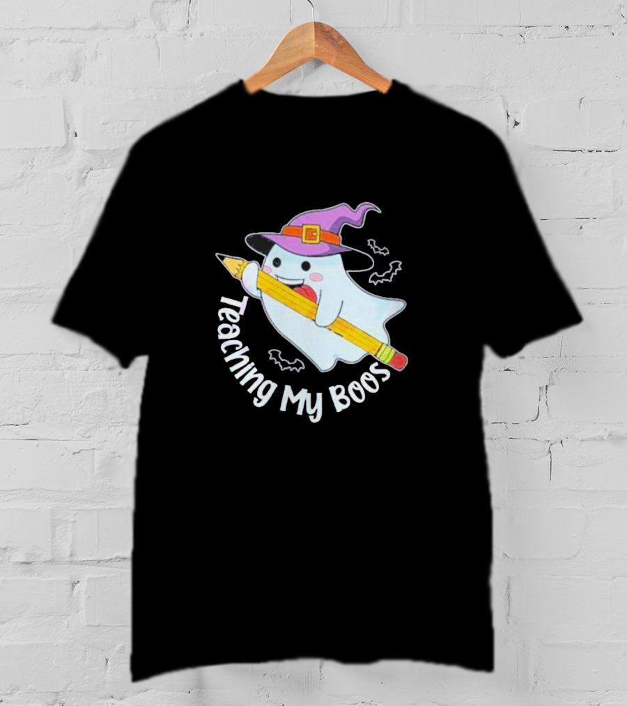 Teaching My Boos Halloween Ghost Funny Teacher Witch Hat Bat Pencil T-Shirt
