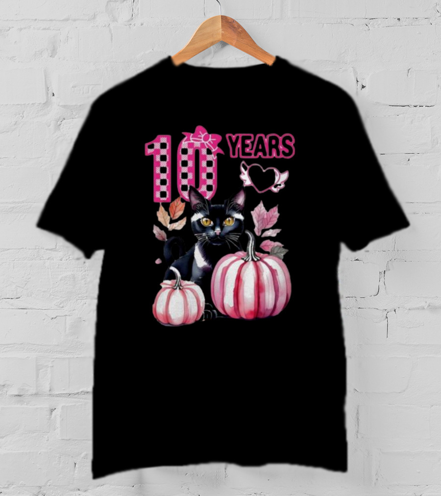 10 Years Black Cat Pink Pumpkin Birthday T-Shirt