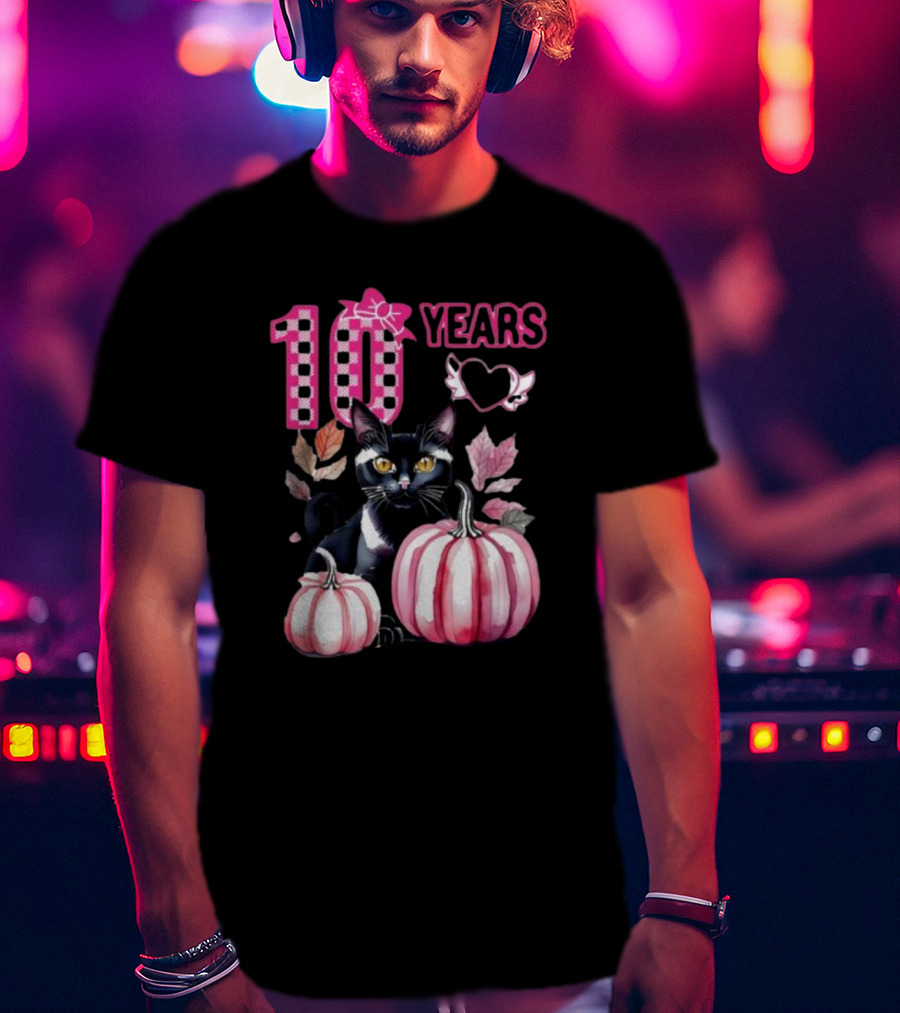 10 Years Black Cat Pink Pumpkin Birthday T-Shirt