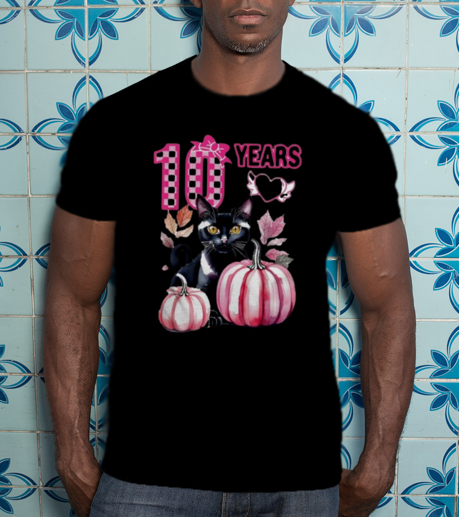 10 Years Black Cat Pink Pumpkin Birthday T-Shirt