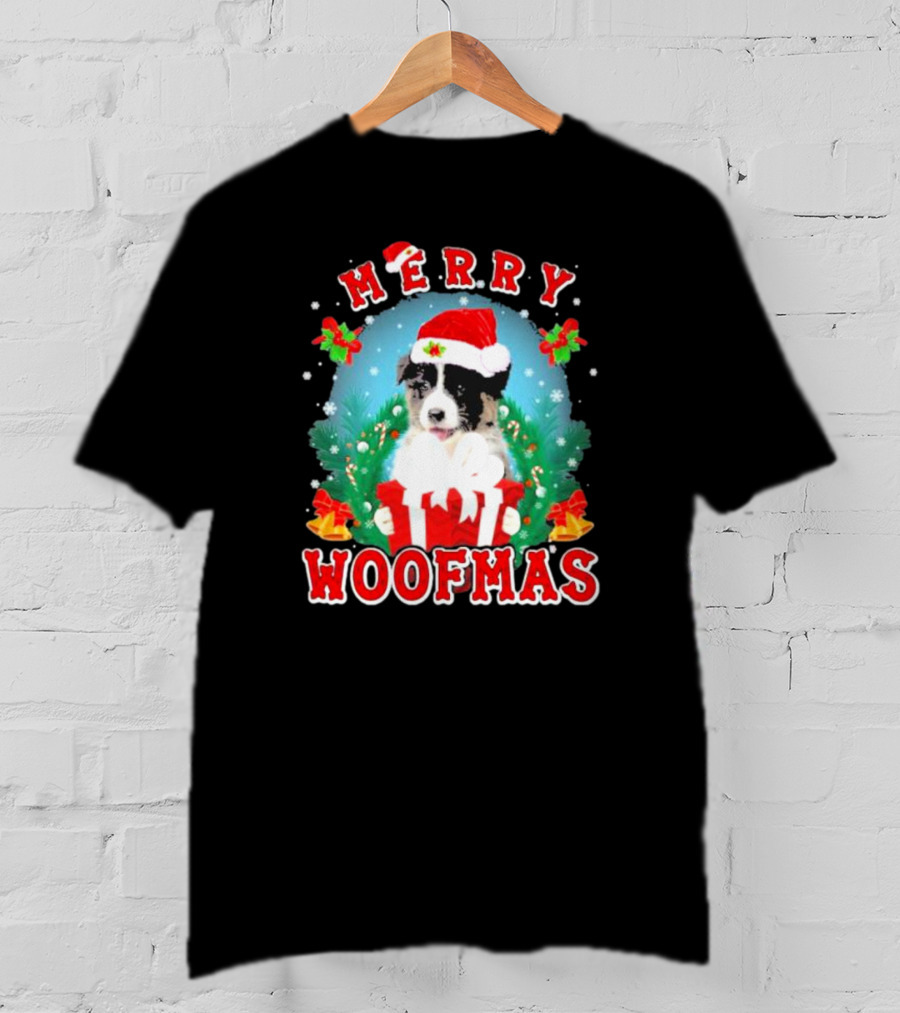 Merry Woofmas Australian Shepherd Dog In Santa Hat With Christmas Gift T-Shirt