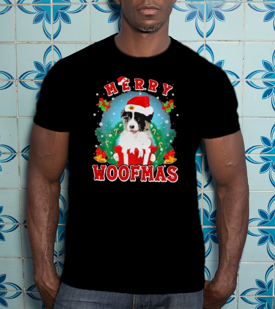 Merry Woofmas Australian Shepherd Dog In Santa Hat With Christmas Gift T-Shirt